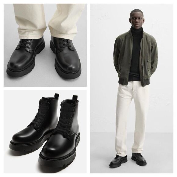 Zara Vegan Leather Chunky Lace Up Boots - Picture 1 of 12